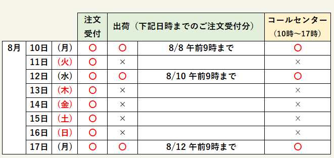 2026夏季(お盆)出荷スケジュール