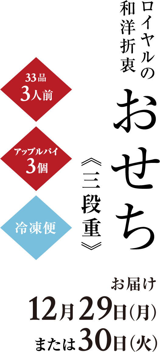 ロイヤルの和洋折衷おせち 29,800円 33品3人前 / 冷凍便 / お届け 12月29日(月)、30日(火)