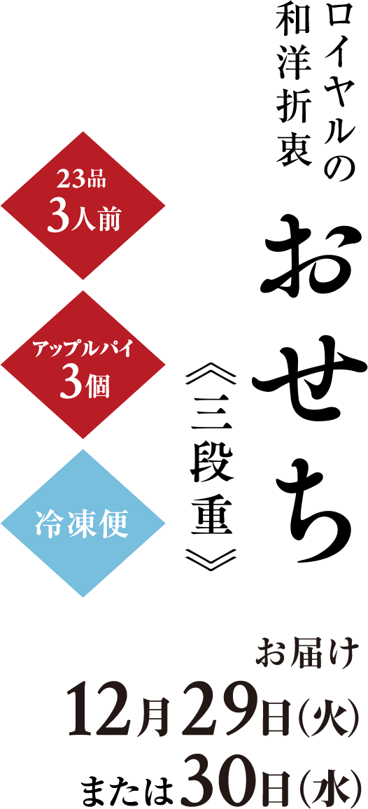 ロイヤルの和洋折衷おせち《三段重》23品3人前・アップルパイ3個／冷凍便／お届け12月29日（火）または30日（水）